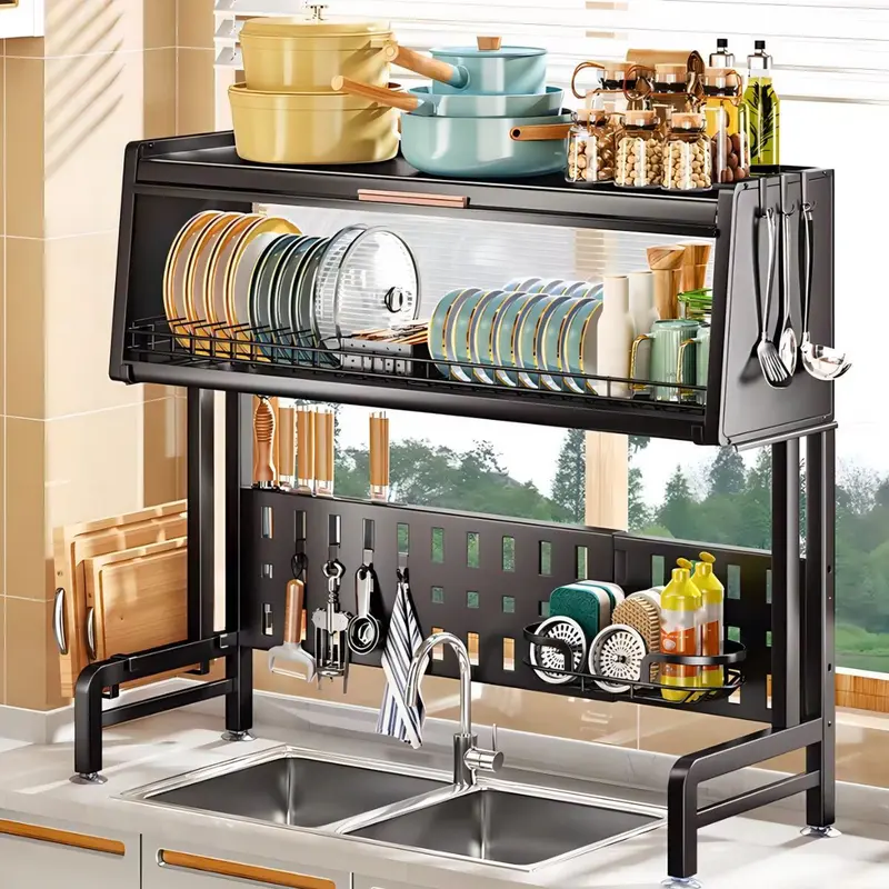 Escurridor DuoRack Pro modelo doble sobre fregadero doble, con ollas, tablas de picar y utensilios organizados